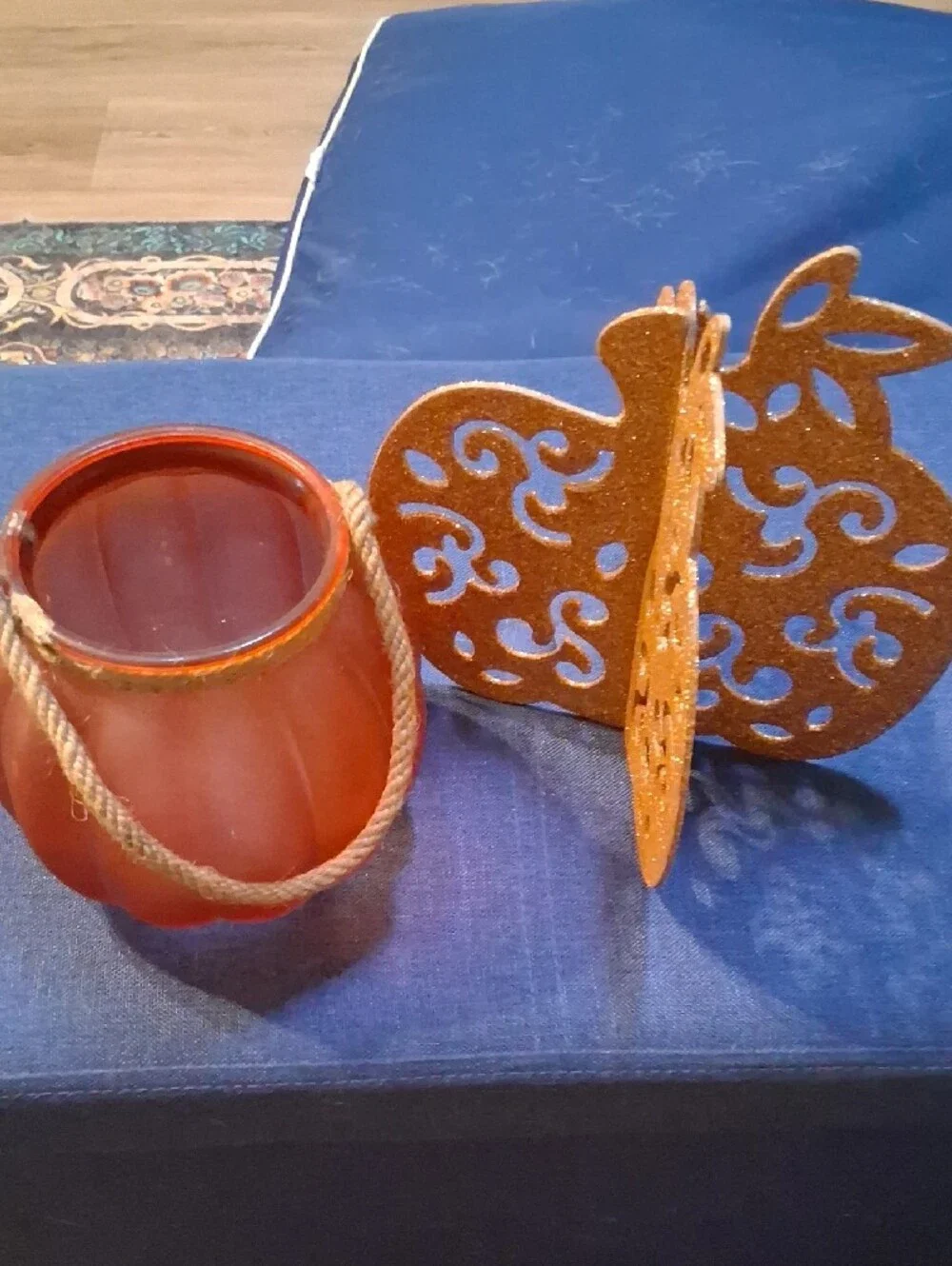 Orange Frosted Glass Pumpkin Candle Or Candy Holder/ Glittered Cardboard Pumpkin